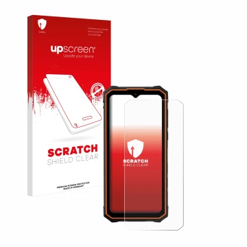 Parte frontal de un envase de producto con el logotipo de la marca upscreen. Al lado se muestra el dispositivo Hotwav Cyber 13