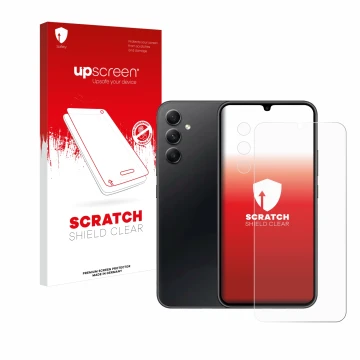 Parte frontal de un envase de producto con el logotipo de la marca upscreen. Al lado se muestra el dispositivo Samsung Galaxy 
