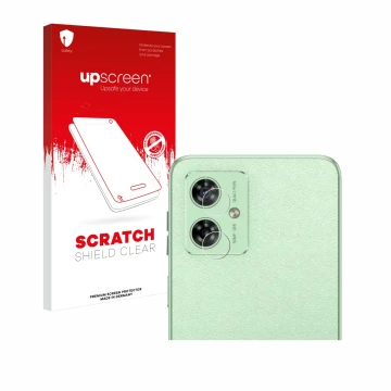 Parte frontal de un envase de producto con el logotipo de la marca upscreen. Al lado se muestra el dispositivo Motorola Moto G