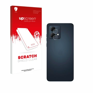 Parte frontal de un envase de producto con el logotipo de la marca upscreen. Al lado se muestra el dispositivo Motorola Moto G