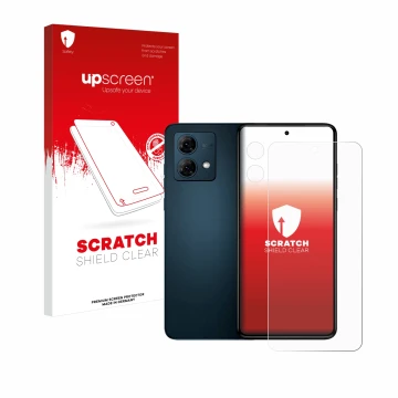 Parte frontal de un envase de producto con el logotipo de la marca upscreen. Al lado se muestra el dispositivo Motorola Moto G
