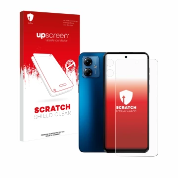 Parte frontal de un envase de producto con el logotipo de la marca upscreen. Al lado se muestra el dispositivo Motorola Moto G