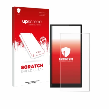 Parte frontal de un envase de producto con el logotipo de la marca upscreen. Al lado se muestra el dispositivo Hiby R6 Pro II 