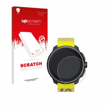 Parte frontal de un envase de producto con el logotipo de la marca upscreen. Al lado se muestra el dispositivo Suunto Race con