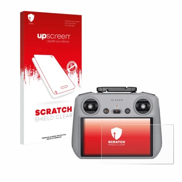 Parte frontal de un envase de producto con el logotipo de la marca upscreen. Al lado se muestra el dispositivo DJI RC 2 con su