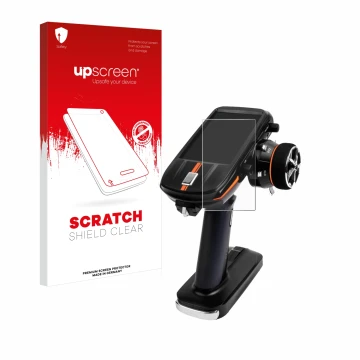 Parte frontal de un envase de producto con el logotipo de la marca upscreen. Al lado se muestra el dispositivo RadioLink RC8X 