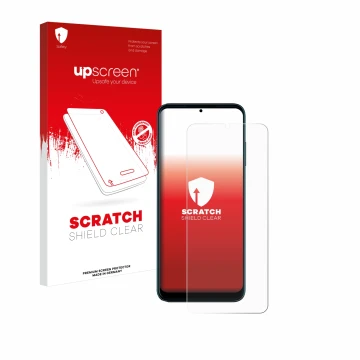 Parte frontal de un envase de producto con el logotipo de la marca upscreen. Al lado se muestra el dispositivo Telekom T Phone