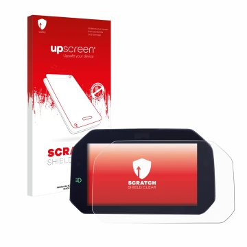 Parte frontal de un envase de producto con el logotipo de la marca upscreen. Al lado se muestra el dispositivo BMW R 1300 GS T