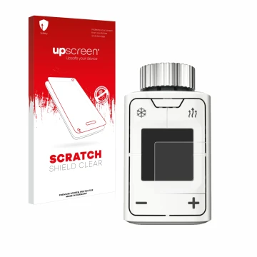 Parte frontal de un envase de producto con el logotipo de la marca upscreen. Al lado se muestra el dispositivo AVM FRITZ!DECT 