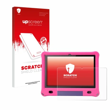 Parte frontal de un envase de producto con el logotipo de la marca upscreen. Al lado se muestra el dispositivo Pritom B10 Kids