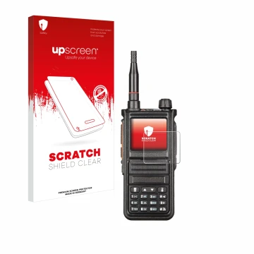 Parte frontal de un envase de producto con el logotipo de la marca upscreen. Al lado se muestra el dispositivo Radtel RT-470X 