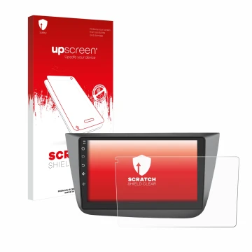 Parte frontal de un envase de producto con el logotipo de la marca upscreen. Al lado se muestra el dispositivo Topway Android 