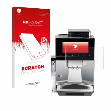 Parte frontal de un envase de producto con el logotipo de la marca upscreen. Al lado se muestra el dispositivo Siemens EQ900 T