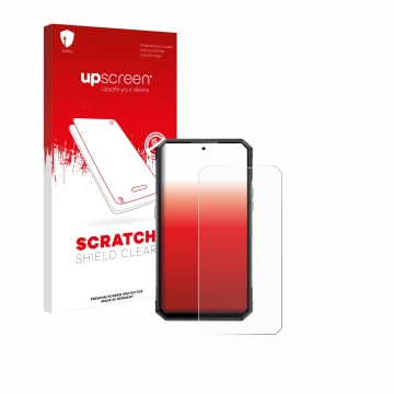 Parte frontal de un envase de producto con el logotipo de la marca upscreen. Al lado se muestra el dispositivo Oukitel WP30 Pr