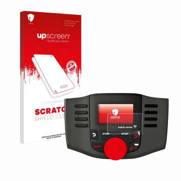 Parte frontal de un envase de producto con el logotipo de la marca upscreen. Al lado se muestra el dispositivo Märklin Mobile 