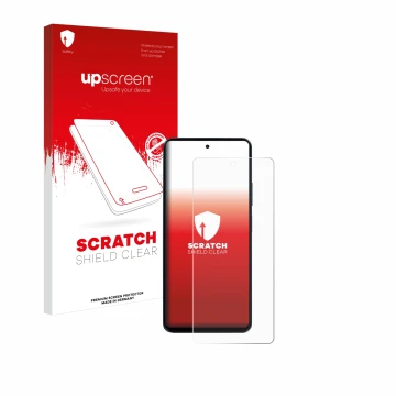Parte frontal de un envase de producto con el logotipo de la marca upscreen. Al lado se muestra el dispositivo Blackview Shark