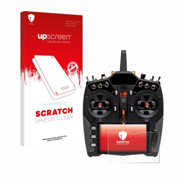 Parte frontal de un envase de producto con el logotipo de la marca upscreen. Al lado se muestra el dispositivo Spektrum NX20 c