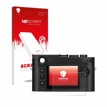 Parte frontal de un envase de producto con el logotipo de la marca upscreen. Al lado se muestra el dispositivo Leica M11-P con