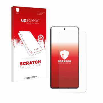 Parte frontal de un envase de producto con el logotipo de la marca upscreen. Al lado se muestra el dispositivo Vivo iQOO 12 co