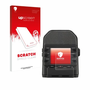 Parte frontal de un envase de producto con el logotipo de la marca upscreen. Al lado se muestra el dispositivo Zoom Q2n-4K con