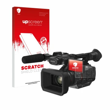 Parte frontal de un envase de producto con el logotipo de la marca upscreen. Al lado se muestra el dispositivo Panasonic HC-X2