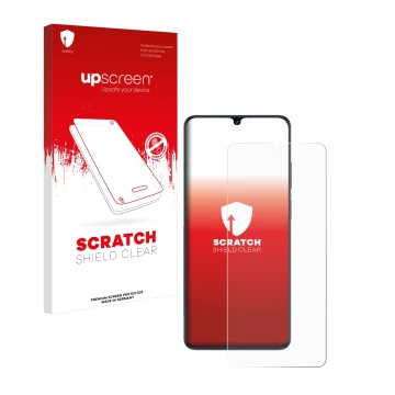Parte frontal de un envase de producto con el logotipo de la marca upscreen. Al lado se muestra el dispositivo ZTE Blade V50 V