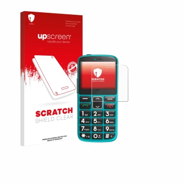 Parte frontal de un envase de producto con el logotipo de la marca upscreen. Al lado se muestra el dispositivo Uleway Senioren