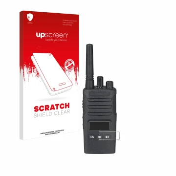 Parte frontal de un envase de producto con el logotipo de la marca upscreen. Al lado se muestra el dispositivo Motorola XT460 