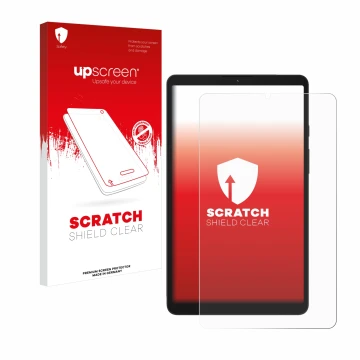 Parte frontal de un envase de producto con el logotipo de la marca upscreen. Al lado se muestra el dispositivo Samsung Galaxy 