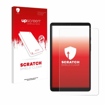 Parte frontal de un envase de producto con el logotipo de la marca upscreen. Al lado se muestra el dispositivo Samsung Galaxy 
