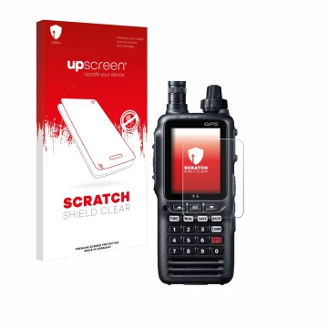 Parte frontal de un envase de producto con el logotipo de la marca upscreen. Al lado se muestra el dispositivo Yaesu FTA-850L 