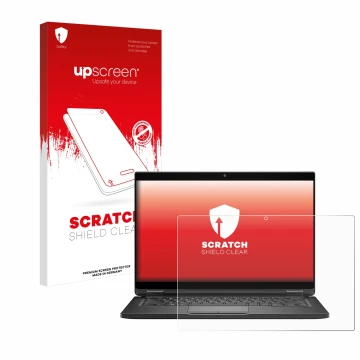 Parte frontal de un envase de producto con el logotipo de la marca upscreen. Al lado se muestra el dispositivo Dell Latitude 7