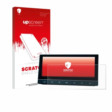 Parte frontal de un envase de producto con el logotipo de la marca upscreen. Al lado se muestra el dispositivo MG 5 IPS-HD 10.