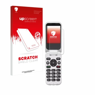 Parte frontal de un envase de producto con el logotipo de la marca upscreen. Al lado se muestra el dispositivo Doro 6820 con s