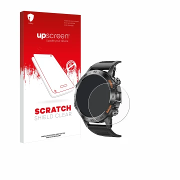 Parte frontal de un envase de producto con el logotipo de la marca upscreen. Al lado se muestra el dispositivo Lemfo Smartwatc