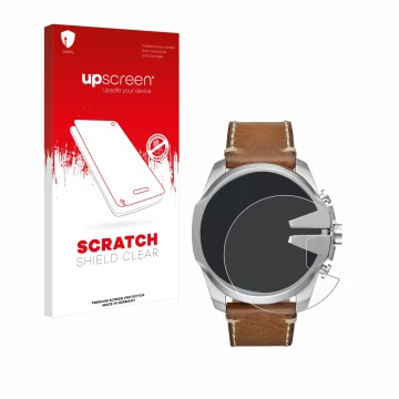 Parte frontal de un envase de producto con el logotipo de la marca upscreen. Al lado se muestra el dispositivo Diesel Mega Chi