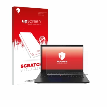 Parte frontal de un envase de producto con el logotipo de la marca upscreen. Al lado se muestra el dispositivo Lenovo ThinkPad