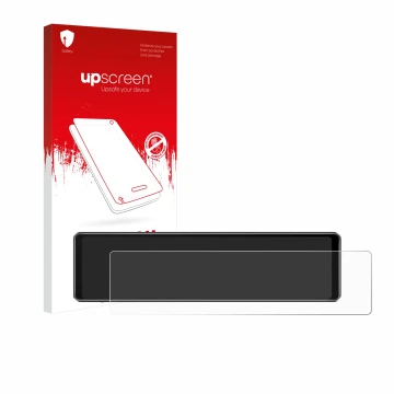 Parte frontal de un envase de producto con el logotipo de la marca upscreen. Al lado se muestra el dispositivo Airpuxem T76-EU