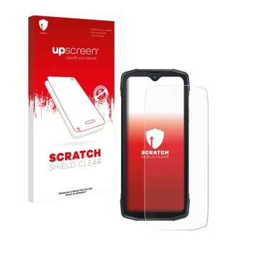 Parte frontal de un envase de producto con el logotipo de la marca upscreen. Al lado se muestra el dispositivo Cubot King Kong