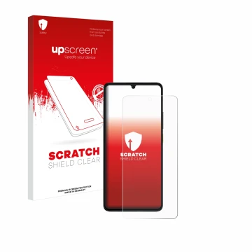 Parte frontal de un envase de producto con el logotipo de la marca upscreen. Al lado se muestra el dispositivo Xiaomi Poco X6 