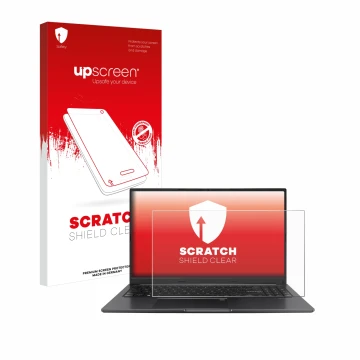 Parte frontal de un envase de producto con el logotipo de la marca upscreen. Al lado se muestra el dispositivo ASUS Vivobook 1