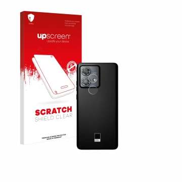 Parte frontal de un envase de producto con el logotipo de la marca upscreen. Al lado se muestra el dispositivo Motorola Edge 4