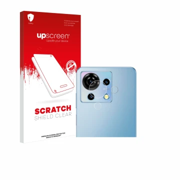 Parte frontal de un envase de producto con el logotipo de la marca upscreen. Al lado se muestra el dispositivo ZTE Blade V50 V