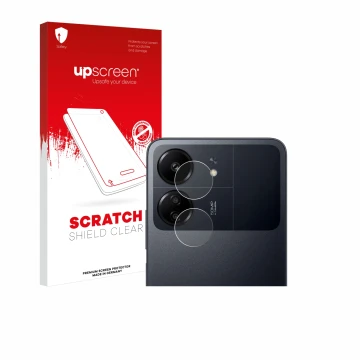 Parte frontal de un envase de producto con el logotipo de la marca upscreen. Al lado se muestra el dispositivo Xiaomi Poco C65