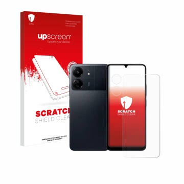 Parte frontal de un envase de producto con el logotipo de la marca upscreen. Al lado se muestra el dispositivo Xiaomi Poco C65