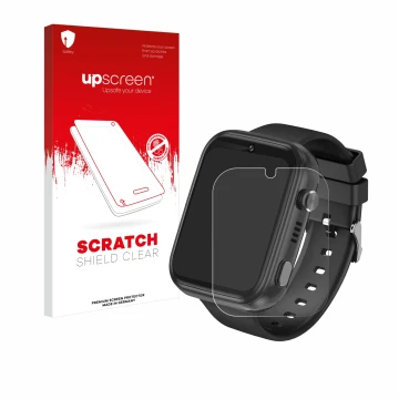 Parte frontal de un envase de producto con el logotipo de la marca upscreen. Al lado se muestra el dispositivo Okyuk 4G Kids S