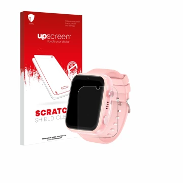 Parte frontal de un envase de producto con el logotipo de la marca upscreen. Al lado se muestra el dispositivo jianyana 4G Kid