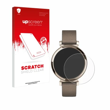 Parte frontal de un envase de producto con el logotipo de la marca upscreen. Al lado se muestra el dispositivo Garmin Lily 2 c