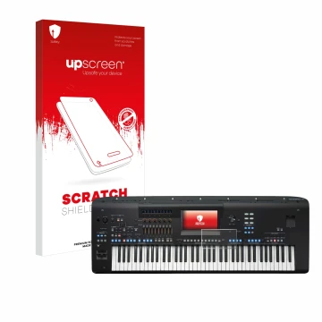Parte frontal de un envase de producto con el logotipo de la marca upscreen. Al lado se muestra el dispositivo Yamaha Genos2 c