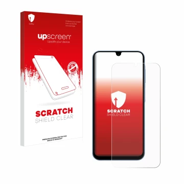 Parte frontal de un envase de producto con el logotipo de la marca upscreen. Al lado se muestra el dispositivo Samsung Galaxy 
